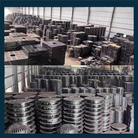 Warehouse with stacked Heavy Duty Cast Iron Manhole Cover And Lid For Septic Tanks B125 Class 50x60x3 Cm Durable Metal Drainage Covers