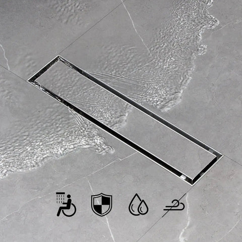 Linear Shower Drain 12 Inch Tile Insert With 2 In 1 Panels 304 Stainless Steel Brushed Finish in bathroom floor with water flow.