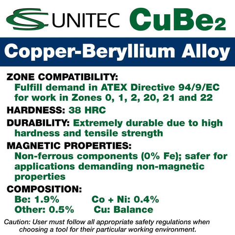 Copper-Beryllium alloy properties and zone compatibility chart by UNITEC with non-magnetic and durable features for safety regulations.