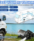 Top Shelf Tough As Nails 110V AC Fresh Water Pump, 7 GPM 70 PSI Self Priming Diaphragm Pump with hose spray near RV.
