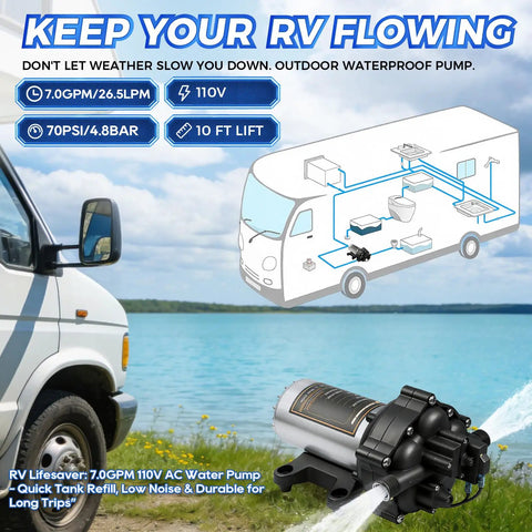 Top Shelf Tough As Nails 110V AC Fresh Water Pump, 7 GPM 70 PSI Self Priming Diaphragm Pump with hose spray near RV.