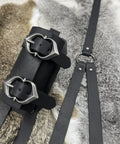Medieval Faux Leather Back Sword Frog for LARP Cosplay with vintage buckles on fur background