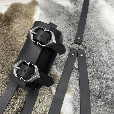 Medieval Faux Leather Back Sword Frog for LARP Cosplay with vintage buckles on fur background