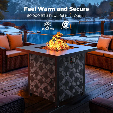 28 Inch Propane Fire Pit Table With 50000 BTU Heat Output CSA Certified Outdoor Gas Fire Pit For Patio Removable Lid And Lava Rocks Brings Cozy Glow And Vibe To Backyard Parties with flames glowing at night on a patio.