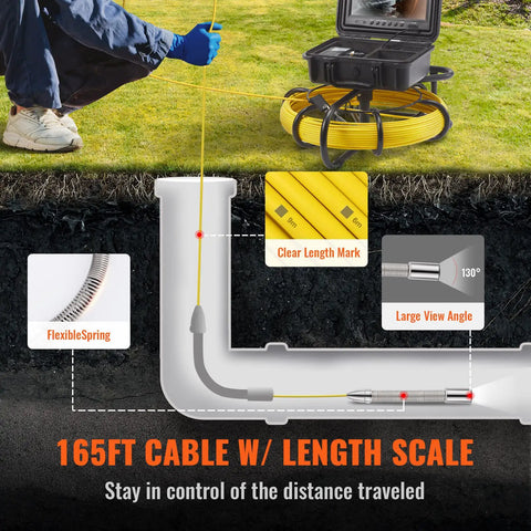Sewer Inspection Camera Pro Grade With 512Hz Locator, 165 Feet Cable, 9 Inch LCD Screen, DVR Function, IP68 Waterproof Camera With 12 Adjustable LEDs, 16GB SD Card, Perfect For Home Plumbing, Ducts, And Pipe Runs cable length scale
