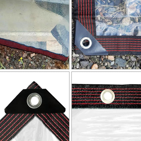 Top Shelf Heavy Duty Clear Vinyl Tarp 8x10 Feet Waterproof Transparent Cover with Steel Grommets close-up of corners and grommets.