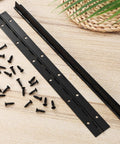 Sturdy Continuous Piano Hinges Set Two Piece Heavy Duty Iron Black Long Metal Hinges With Screws on wood surface