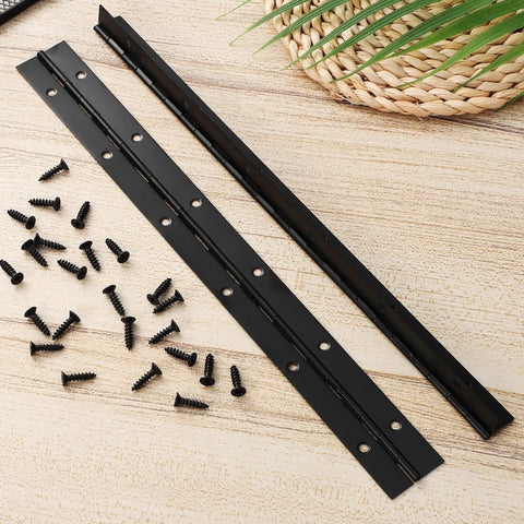 Sturdy Continuous Piano Hinges Set Two Piece Heavy Duty Iron Black Long Metal Hinges With Screws on wood surface