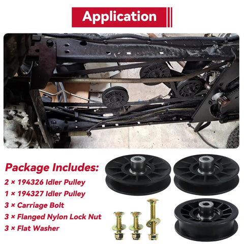 Two Pack V Groove And Flat Idler Pulleys Replaces 194326 194327 For Husqvarna YTH Decks with installation guide shown