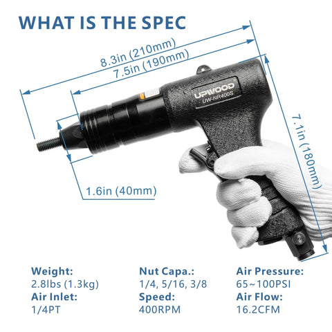 Heavy Duty Pneumatic Rivet Nut Gun With Quick Change Nose Piece dimensions and specs shown with gloved hand holding tool