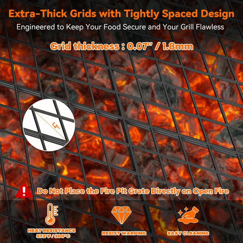 30 Inch Square Fire Pit Grate For Outdoor Cooking Heavy Duty Steel With Heat Resistant Coating, close-up of diamond mesh design