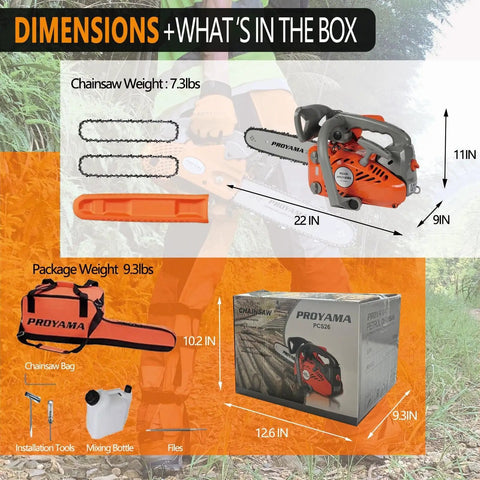 Gas Powered 26Cc 2 Cycle Top Handle Chainsaw With 12 Inch Bar And Two Chains dimensions and packaging contents
