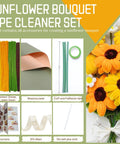Sunflower Bouquet Craft Kit With 210 Pipe Cleaner Flowers, 12 Green Floral Wires, Chenille Stems, Tape And Floral Paper For DIY Flower Arranging For Beginners With Easy Step By Step Tutorials And Five Color Options, with finished bouquet and included materials