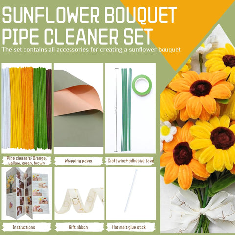 Sunflower Bouquet Craft Kit With 210 Pipe Cleaner Flowers, 12 Green Floral Wires, Chenille Stems, Tape And Floral Paper For DIY Flower Arranging For Beginners With Easy Step By Step Tutorials And Five Color Options, with finished bouquet and included materials