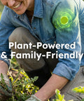 Person gardening with Squito Stickers Mosquito Repellent Patches 78 Patch Pack DEET-Free All Natural Citronella Oil on sleeve.