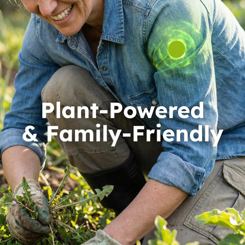 Person gardening with Squito Stickers Mosquito Repellent Patches 78 Patch Pack DEET-Free All Natural Citronella Oil on sleeve.
