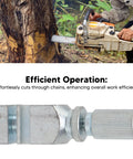 Pocket Chainsaw Chain Breaker Kit With Rivet Punch And Link Remover, shown cutting a tree trunk with a man operating a chainsaw