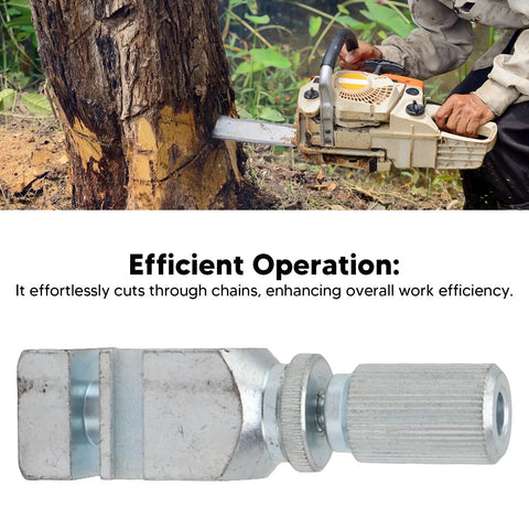 Pocket Chainsaw Chain Breaker Kit With Rivet Punch And Link Remover, shown cutting a tree trunk with a man operating a chainsaw