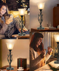 Set Of 2 Touch Control Table Lamps With 3 Way Dimmable Torchiere Lighting, Dual USB Charging Ports, Rustic Leaf Body And Glass Shade, Vintage Bronze Finish For Living Room Or Bedroom, LED Bulbs Included