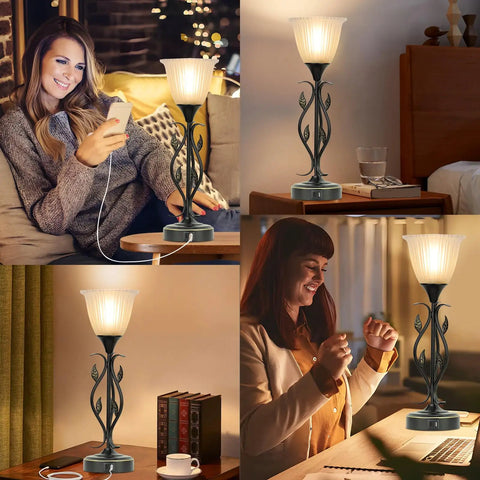 Set Of 2 Touch Control Table Lamps With 3 Way Dimmable Torchiere Lighting, Dual USB Charging Ports, Rustic Leaf Body And Glass Shade, Vintage Bronze Finish For Living Room Or Bedroom, LED Bulbs Included
