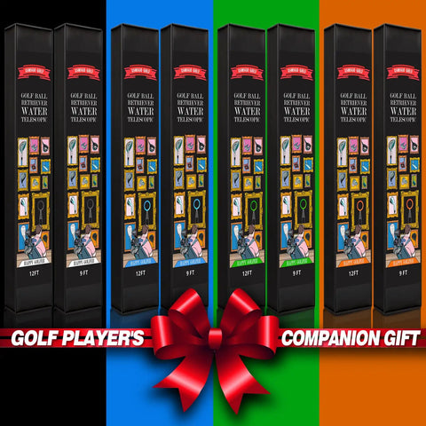 Multiple boxes of Telescopic Stainless Steel Golf Ball Retriever 9Ft 12Ft Long Reach With Double Sided Cup on colorful backgrounds.
