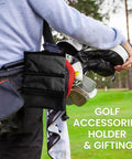 Person carrying golf bag with Golf Bag Organizer Pouch With 3 Zip Pockets And Sturdy Hook Multi Pocket Design for golfers