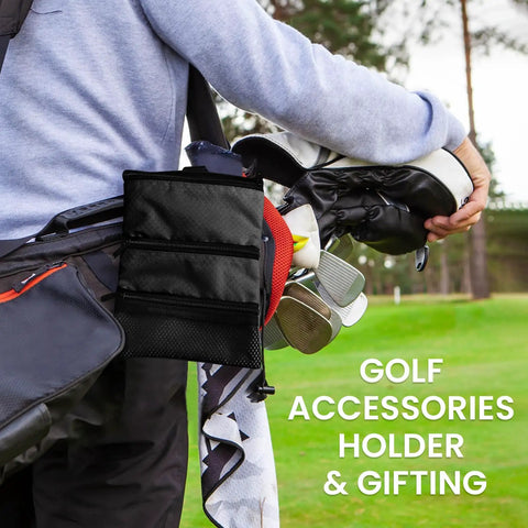 Person carrying golf bag with Golf Bag Organizer Pouch With 3 Zip Pockets And Sturdy Hook Multi Pocket Design for golfers