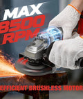 Cordless 4.5-inch angle grinder with guard, brushless motor, in use on metal.