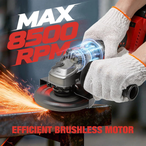 Cordless 4.5-inch angle grinder with guard, brushless motor, in use on metal.