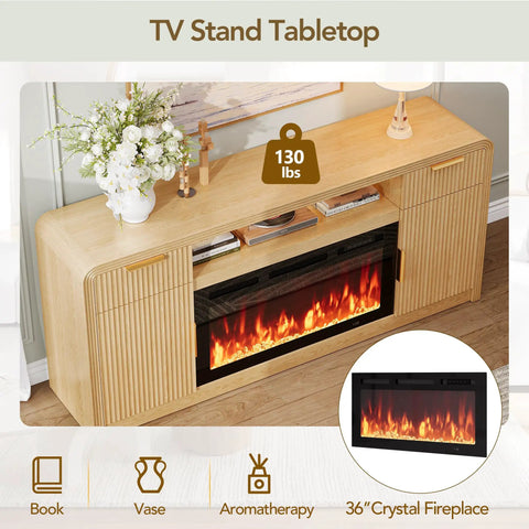 70 Inch Fireplace TV Stand With Wavy Fluted Doors And Adjustable Shelves For 80 Inch TV featuring electric fireplace and golden handles