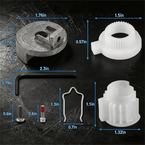 Moen Cartridge Puller Removal Tool Kit Heavy Duty Aluminum Extractor components including metal and plastic parts with measurements.