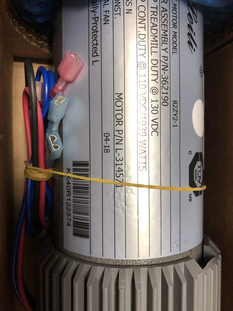 Heavy Duty Treadmill DC Motor With Steel Flywheel 130V 2.8HP showing wiring connections and specifications in a close-up view.