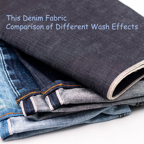 Stack of denim showing 16oz Heavyweight Selvedge Denim Fabric 100 Percent Cotton Raw Indigo Shuttle Loom Woven 35 Inch Narrow Width