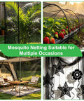 Sturdy Black Patio Mosquito Netting 9.8Ft By 18Ft Garden Mesh used in garden, patio, and balcony settings for insect protection.