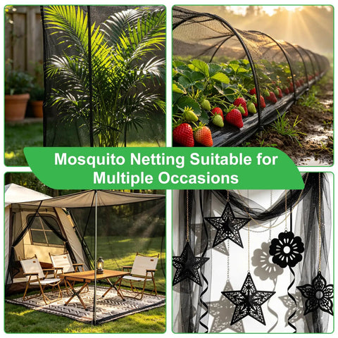 Sturdy Black Patio Mosquito Netting 9.8Ft By 18Ft Garden Mesh used in garden, patio, and balcony settings for insect protection.