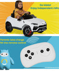 Child riding a white Lamborghini Urus Licensed 12V Ride On Car For Kids with Parent Remote Realistic Open Doors LED Headlights