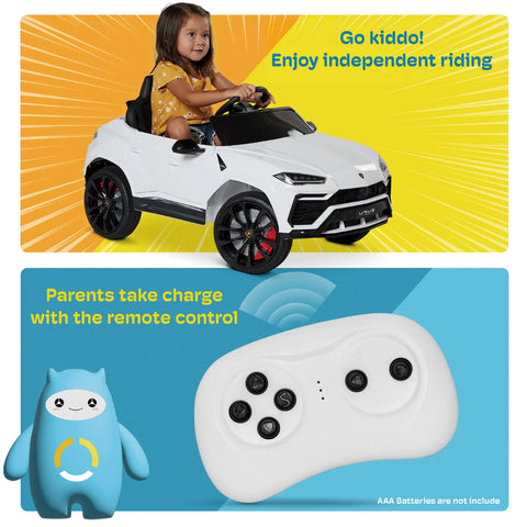 Child riding a white Lamborghini Urus Licensed 12V Ride On Car For Kids with Parent Remote Realistic Open Doors LED Headlights