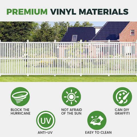 Outdoor Privacy Fence Panels For AC Units And Trash Cans shown in a yard with icons highlighting premium vinyl features.