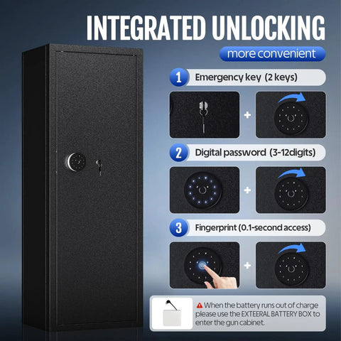 Beefy Biometric Gun Safe for 12 Rifles and 4 Pistols With Digital Keypad Large Fingerprint Safe showing unlocking methods