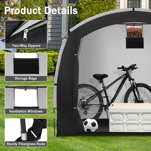 Outdoor Bike Storage Shed Tent With Waterproof Shelter For Bicycles, featuring details like zippers, storage, ventilation windows