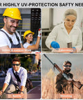 Bulk Safety Glasses Pack 80 Count With 40 Clear Glasses And 40 Sunglasses shown in use for construction, lab, sports, and shooting.