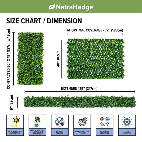 Size chart for 20 By 50 Inch Artificial Privacy Grass Wall Decor with Ficus Leaves and Faux Trellis Expandable Lattice Panels.