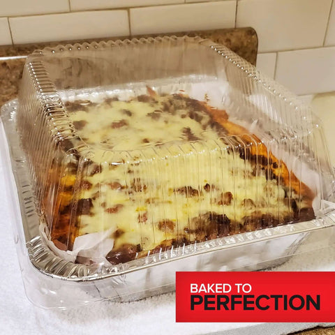 Heavy Duty 9x13 Aluminum Baking Pan With Lids 10 Pack Built Tough Durable Rectangular Tray For Lasagna And More Clear Dome Cover Keeps Your Food Fresh with lasagna inside and clear lid