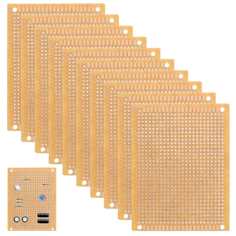 Stack of 10 Pack 70mm x 90mm PCB Board Prototype Kit Universal Printed Circuit Board Copper Stripboard Perfboard For Electronics Experiments And DIY Soldering Projects Perfect For Makers And DIYers showing copper holes and PVC material