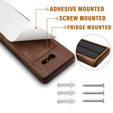 16 Inch Acacia Wood Magnetic Knife Strip Wall Mount with adhesive, screw, and fridge mounting options shown