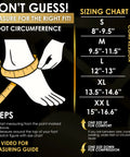 Sizing chart for All Day Ankle And Foot Compression Sleeve Pull On For Men And Women, highlighting measurement steps and sizes from S to XXL.