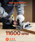 Top Shelf Biscuit Plate Joiner Boasting A 760W Motor Hitting 11600 Rpm For Knockout Joints cutting into wood with precision.