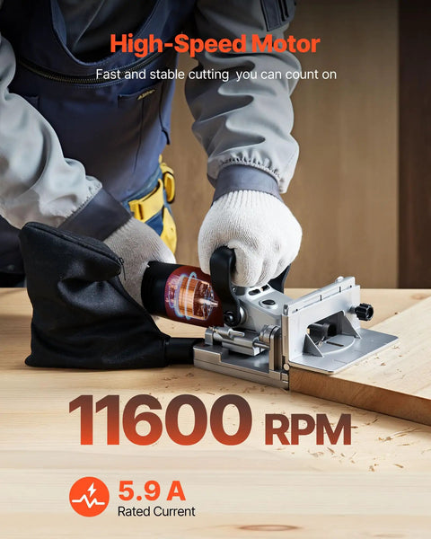 Top Shelf Biscuit Plate Joiner Boasting A 760W Motor Hitting 11600 Rpm For Knockout Joints cutting into wood with precision.