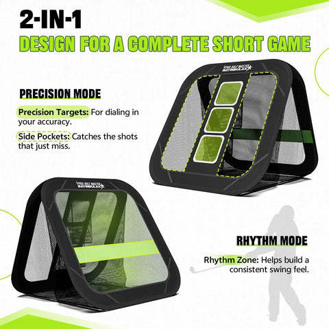 Two In One Golf Chipping Practice Net For Backyard Foldable Two And A Half Feet Includes Ground Stakes Storage Bag And Illustrated Guide A Dope Gift For Men And Women Who Love Golf Accessories, showing precision mode with side pockets and rhythm mode for swing feel, 31x30 inches.