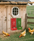 Heavy Duty Metal Chicken Feeder And Oyster Shell Dispenser, hanging near chickens, outdoor coop setup, durable red and green hoppers.